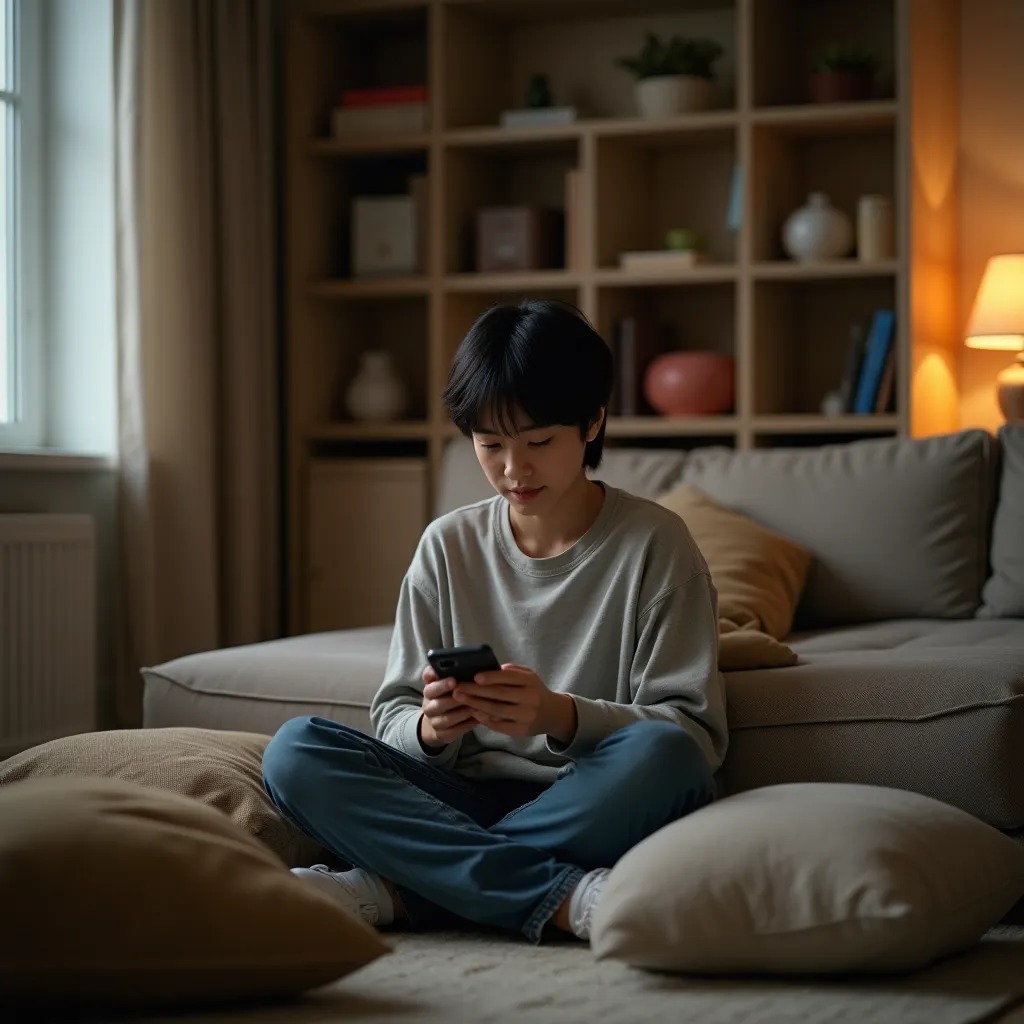 Next text: 'Do we still build pillow forts?' I look at my empty apartment. My organized shelves. I move the couch cushions to