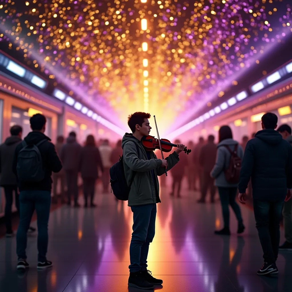 The subway violinist didn't know it, but he was painting the entire station in gold and violet. Commuters walked through his