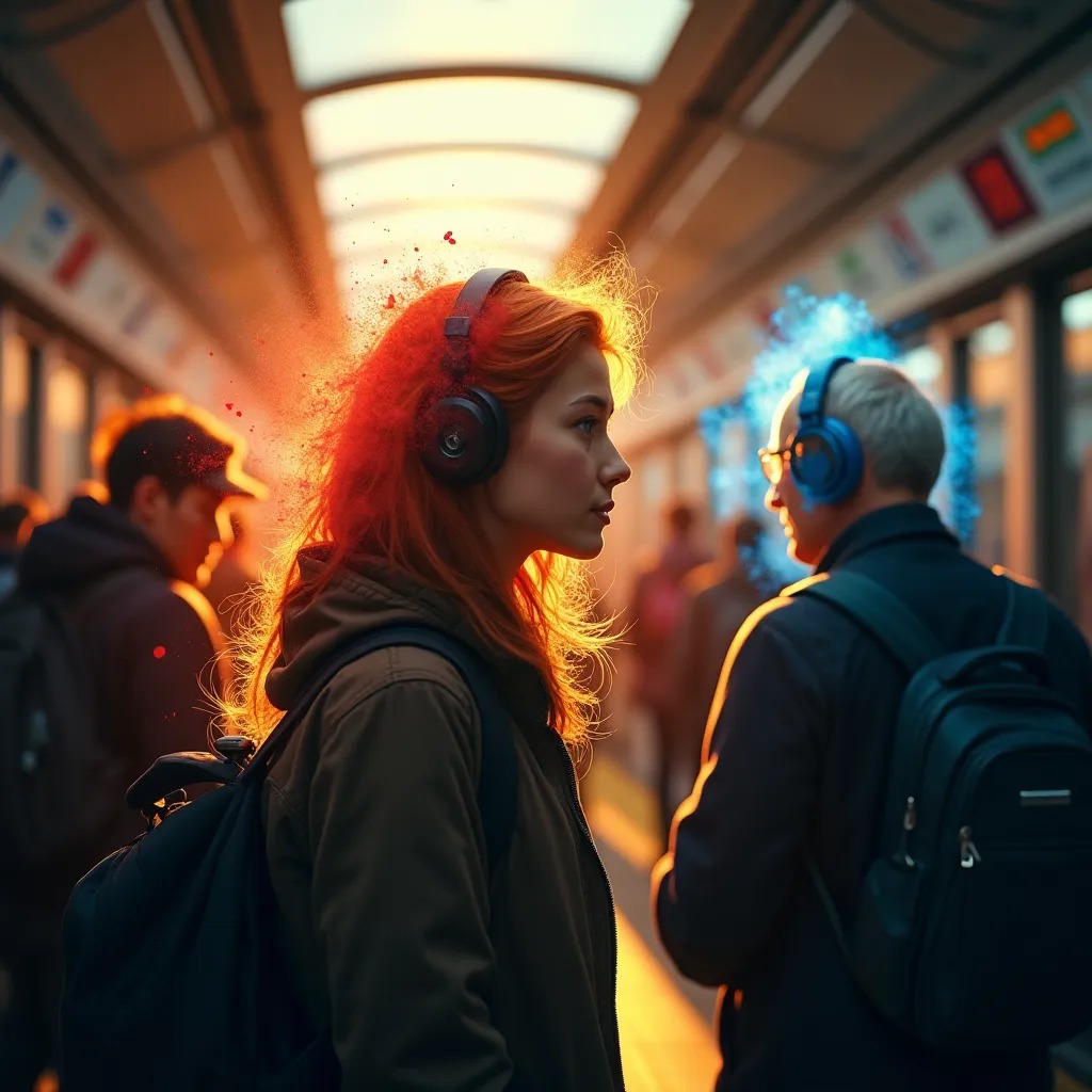 Headphones became personal light shows. The teenager blasting rap had crimson explosions around her head. The old man with ja