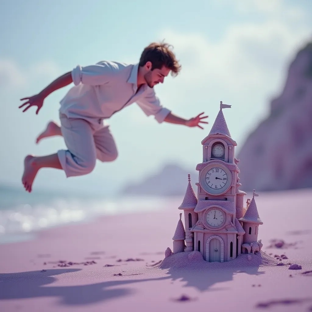 I was flying over a purple ocean when I bumped into an old woman building a sandcastle made of clocks. 'You're not from my dr