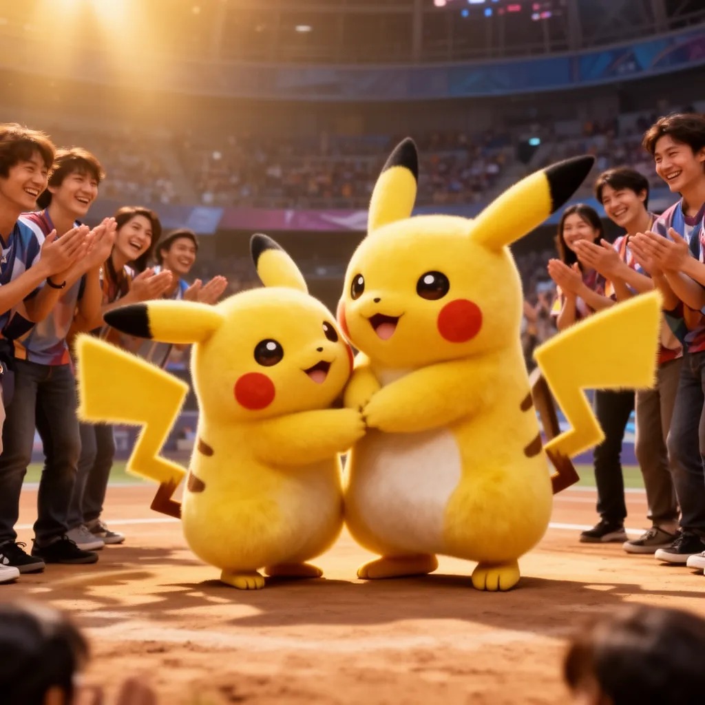 Pikachu koşarak raichuyu kucaklıyor ve barışıyorlar, arenadaki insanlarda onları alkışlıyor.