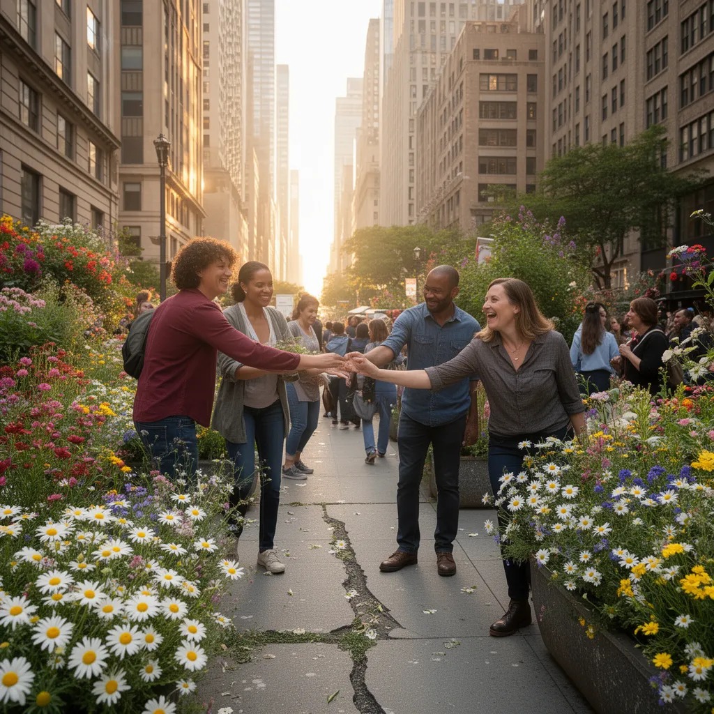 Strangers thanked each other on crowded streets, and daisies sprouted between pavement cracks. Cities transformed into vibran