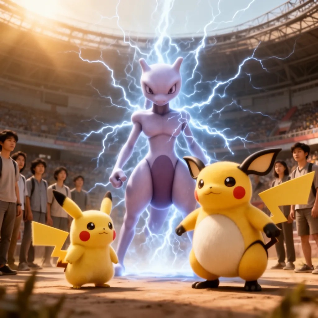 Ve birden elektrik hüzmeleri içinden Mewtwo çıkıyor. Tüm pokemonların en güçlüsü.