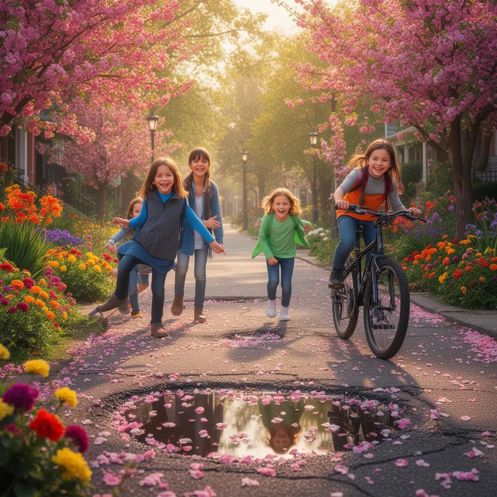 Petals filled potholes, softening bike rides. Children played hide-and-seek among blossoming streetlights. Neighborhoods beca