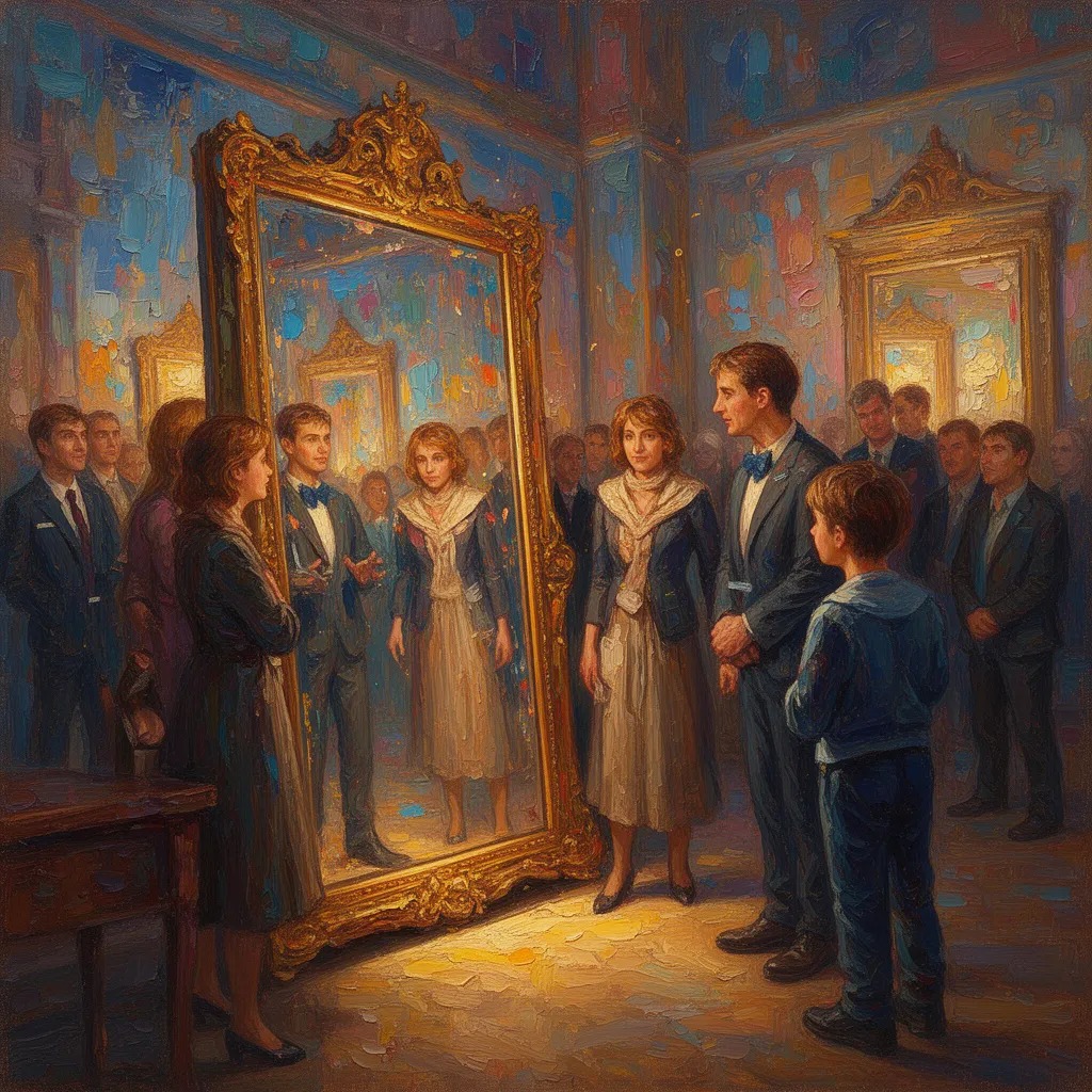 A new profession emerged in the city: mirror guides. Since people didn't dare look in the mirror alone, someone would stand b