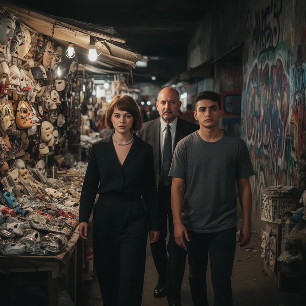 Counterfeit filters flood the market, threatening the social hierarchy. Underground mask-makers emerge, offering bespoke hone