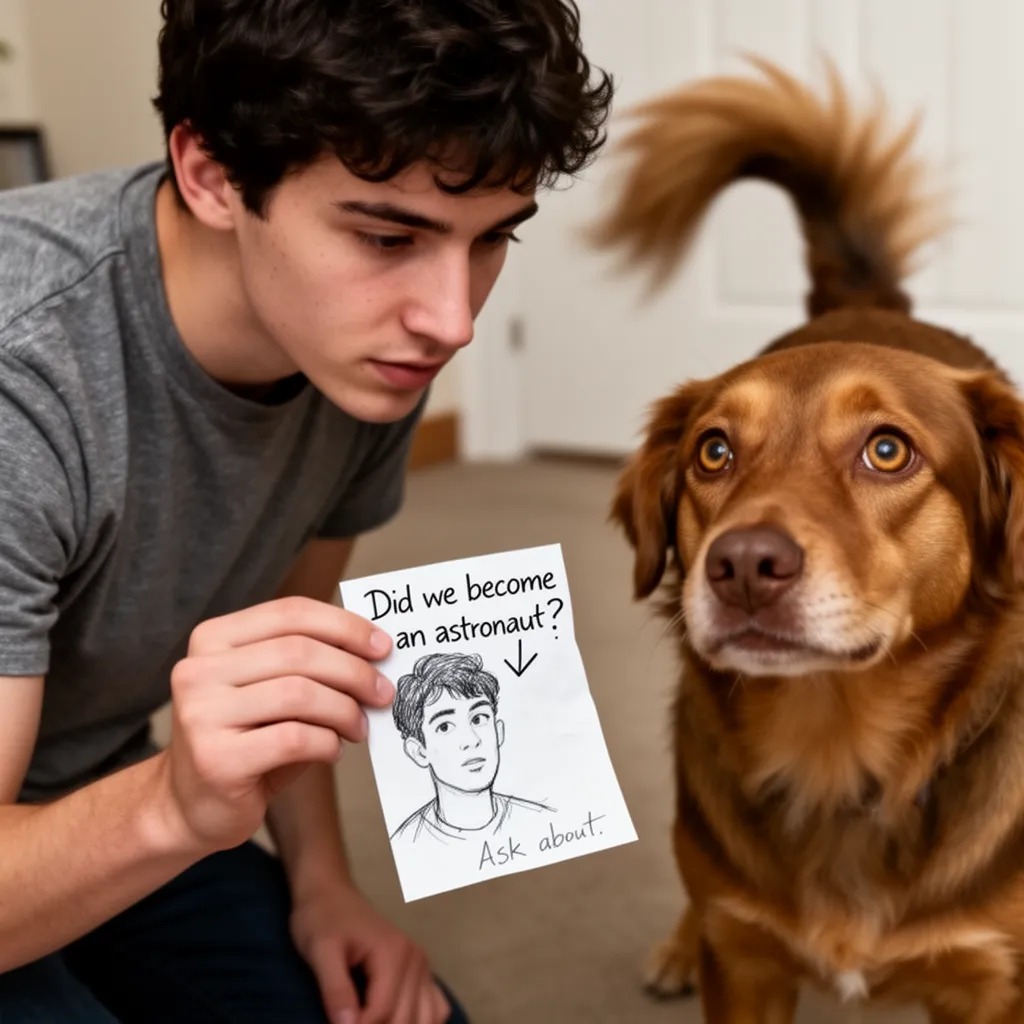 Rocket returns with a small piece of paper in his mouth, drops it at my feet, and wags his tail. I pick it up, and to my surp