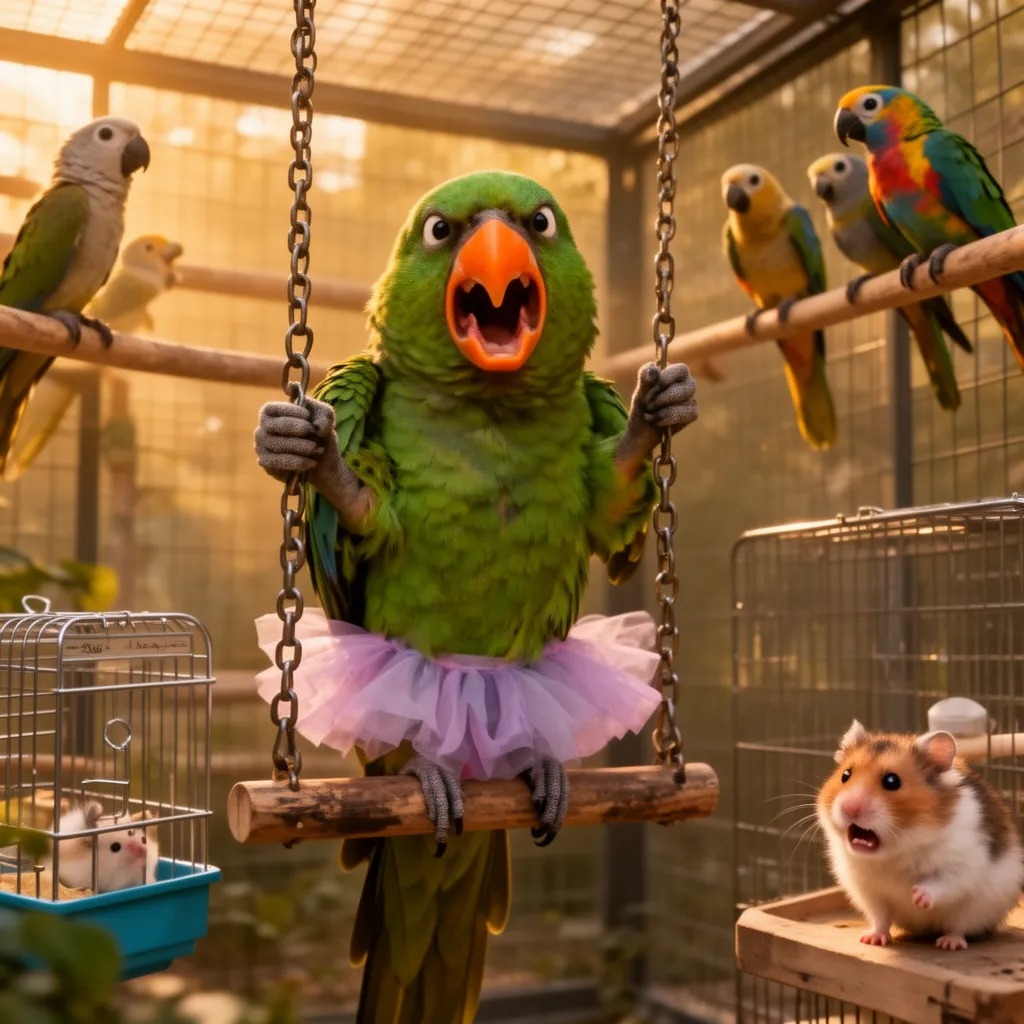 The hamster's worried chatter was interrupted by a soft, lilting melody coming from the parrot's aviary, but this was no gent