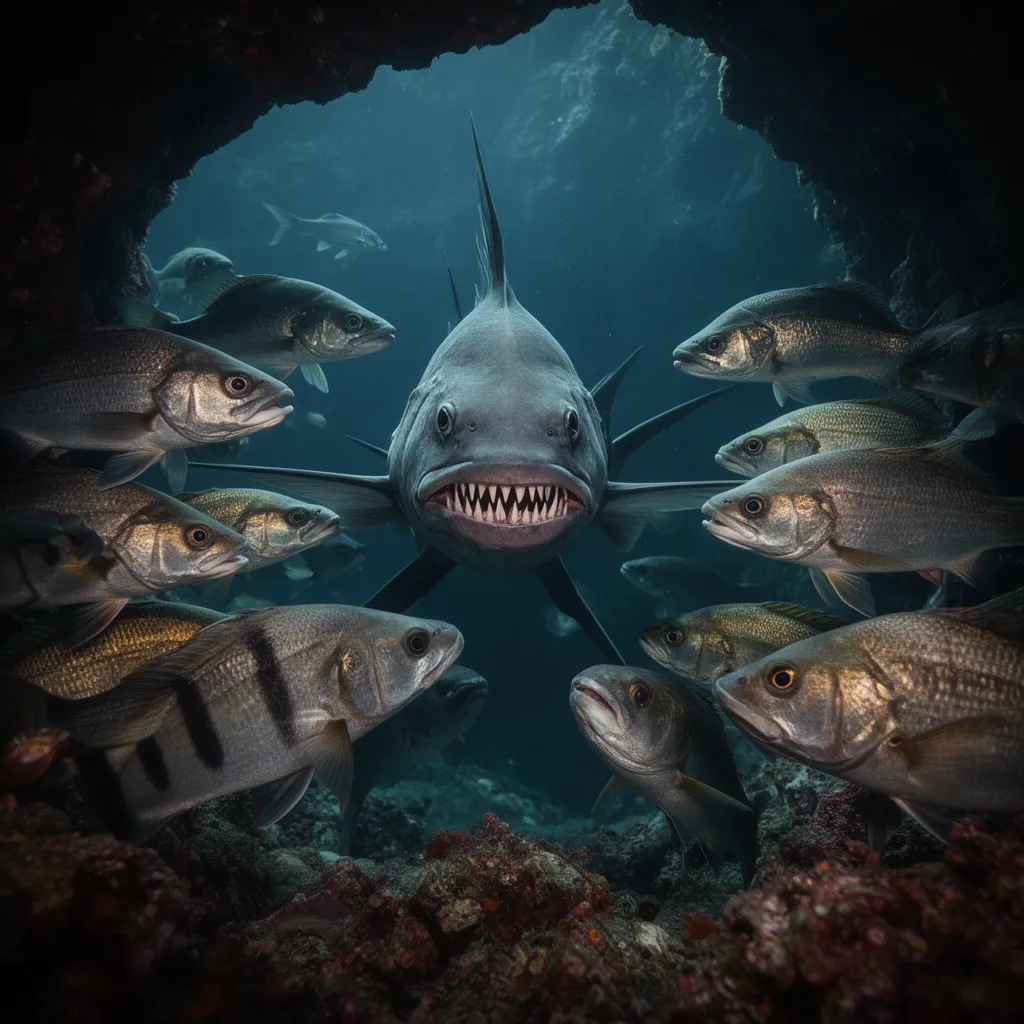 Bunun üzerine diğer akıllı balıklar, suyun kralının yükselişini durdurmaya çalıştılar, bir koalisyon oluşturarak suyun en güç