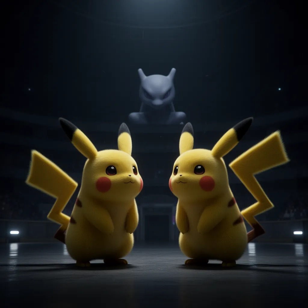 Sahne tamamen karardı, yalnızlık ve bekleyiş ile doluydu. Bir an sonra, Mewtwo'nun sesi yükseldi, "Pikachu, Raichu, neden ben