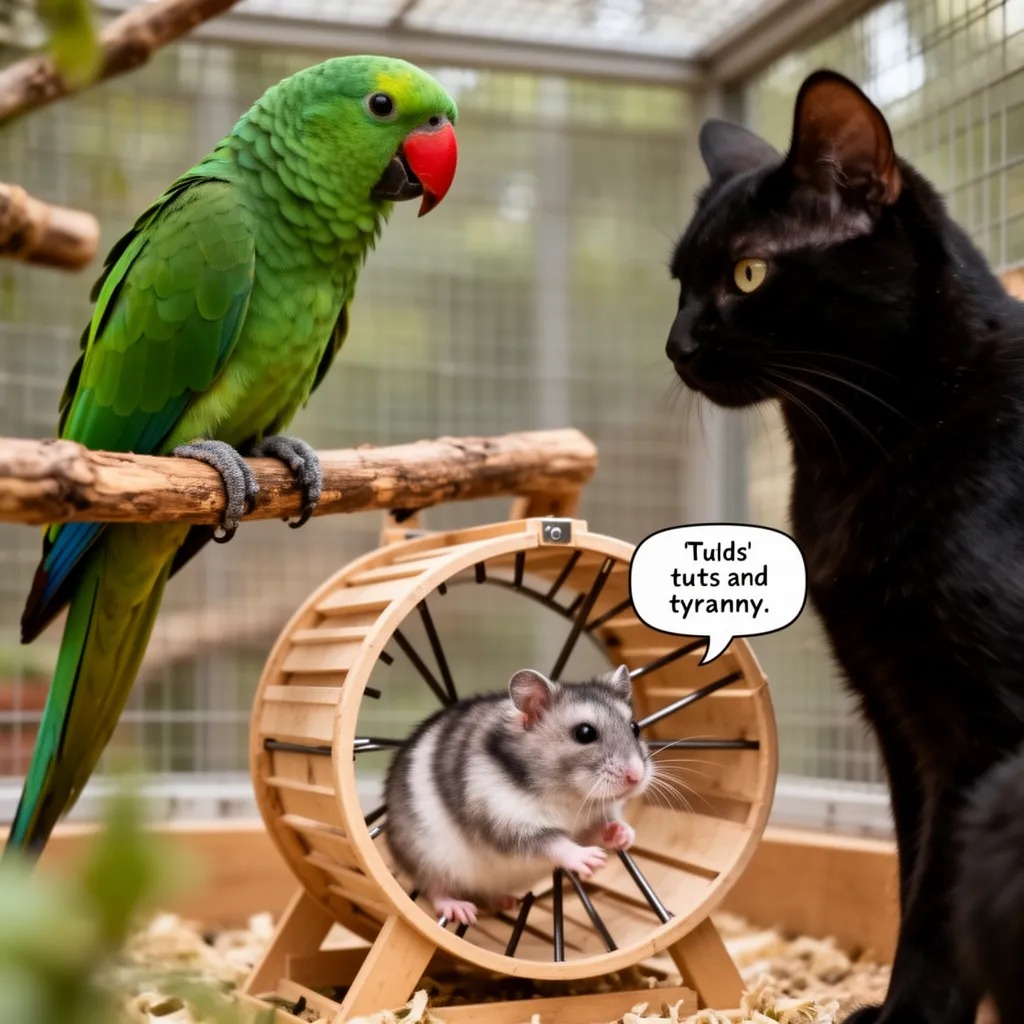 The parrot's rant caught the hamster's attention, and he scurried back to his wheel with a new sense of urgency, muttering so