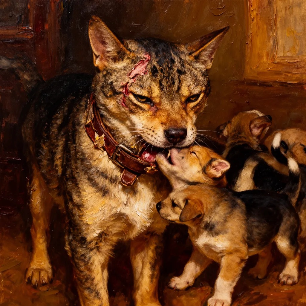 Köpek yavruların yeni bir huy sergilediğini gördü, birbiriyle yarışarak oynuyorlardı. Tekir bu oyunlara katılırken, farklı bi