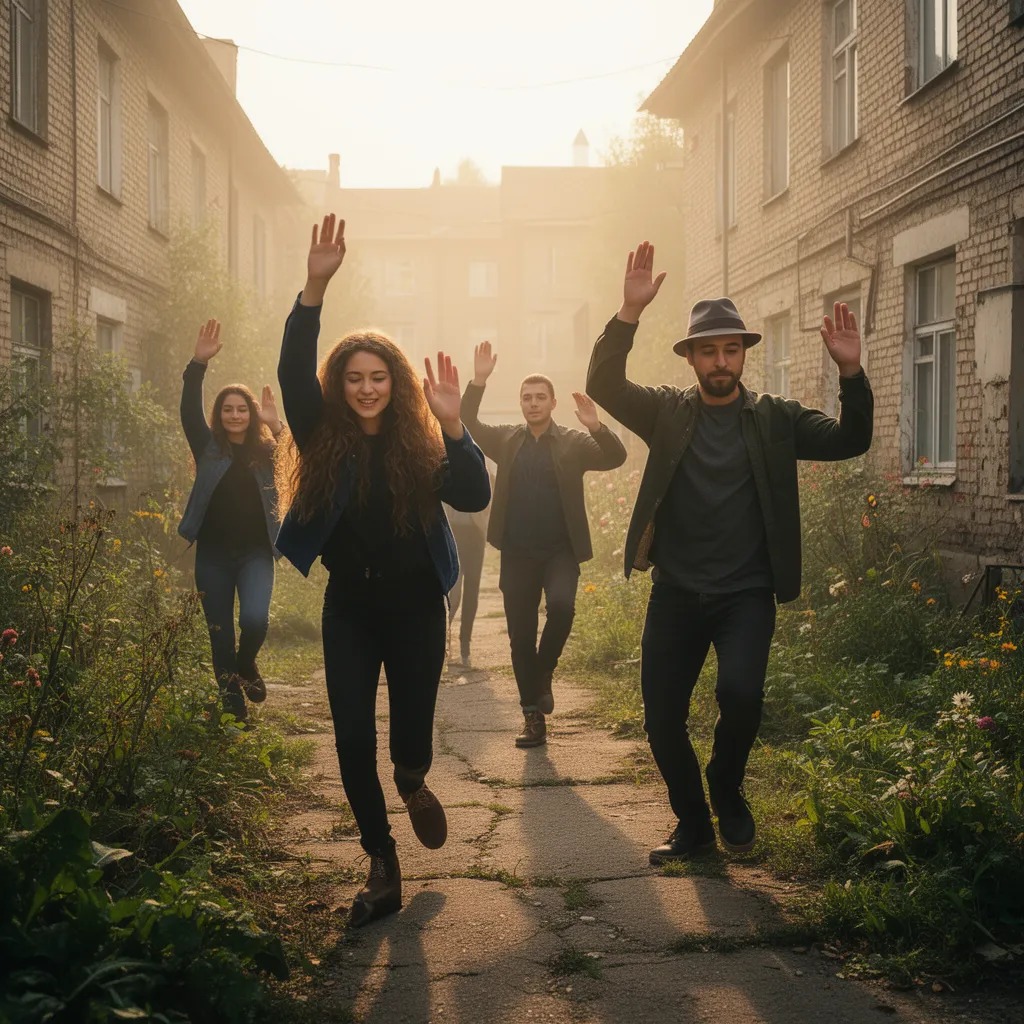 Tekir'in sözleriyle birlikte mahalledeki insanları istemsiz bir dans hareketi sarstı, ellerini havada kaldırıp adımlar atmaya