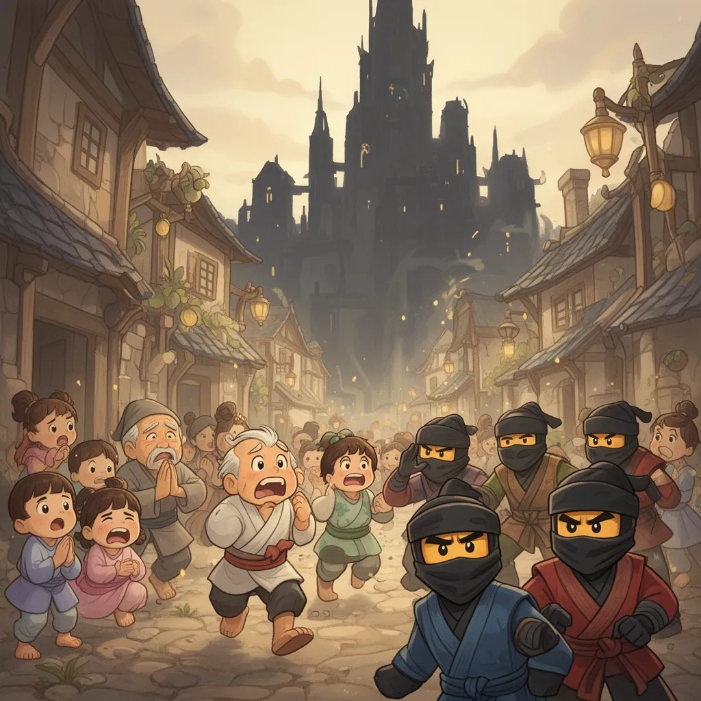 Köylüler, gölge şehri sardığında panik içinde kaçışıyordu. Çocuklar ağlıyor, yaşlılar dua ediyordu. Bir köylü, ninjalara baka