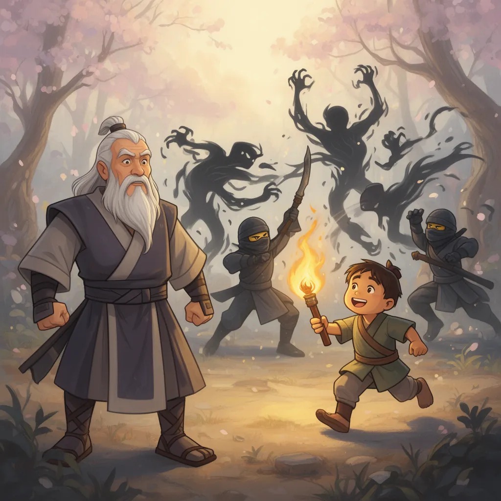 Bir köylü genç, ninjalara yardım etmek istedi. Elinde sadece bir meşale vardı. Gölgelerin üzerine koştu. Meşale küçük olsa da