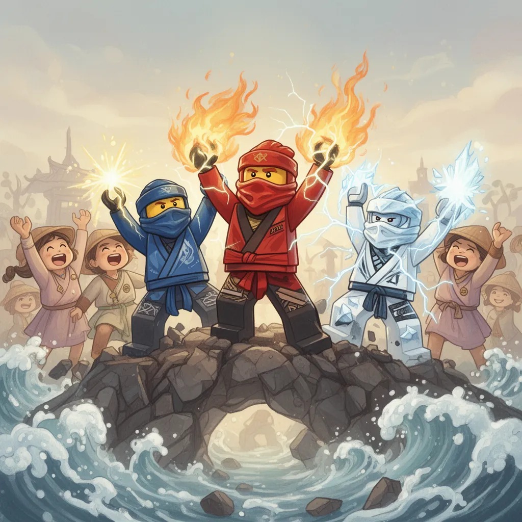 Kai ateşini yükseltti, Jay elektrikle destek verdi. Zane buzla dalgayı yavaşlattı. Cole toprağı kaldırdı. Lloyd tüm gücüyle ı