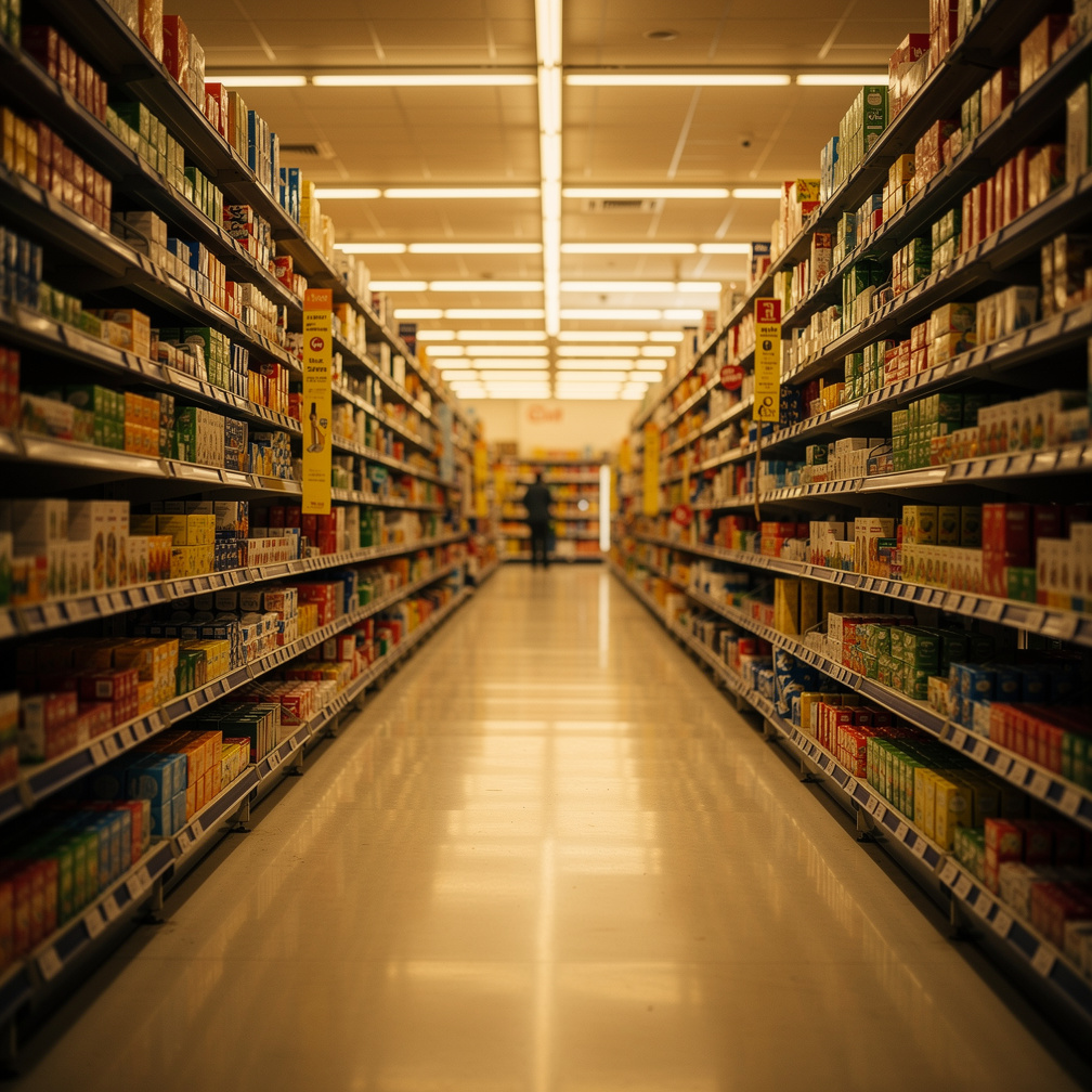 Markete girdin. Raflar dolu. Ama koridorun sonunda biri hareket etti.