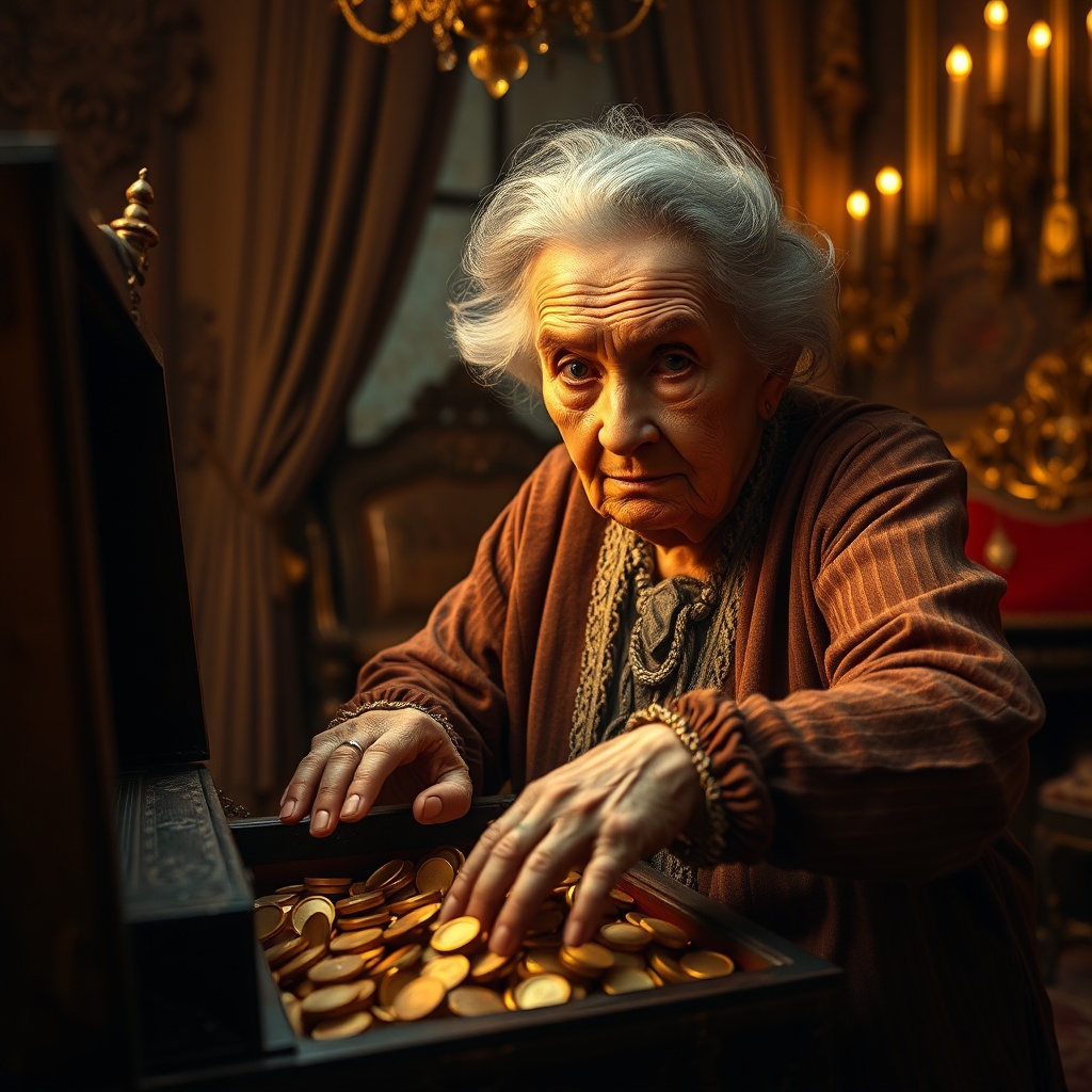 Imagine if: a outsmarted old lady steals gold of a greedy landlord.