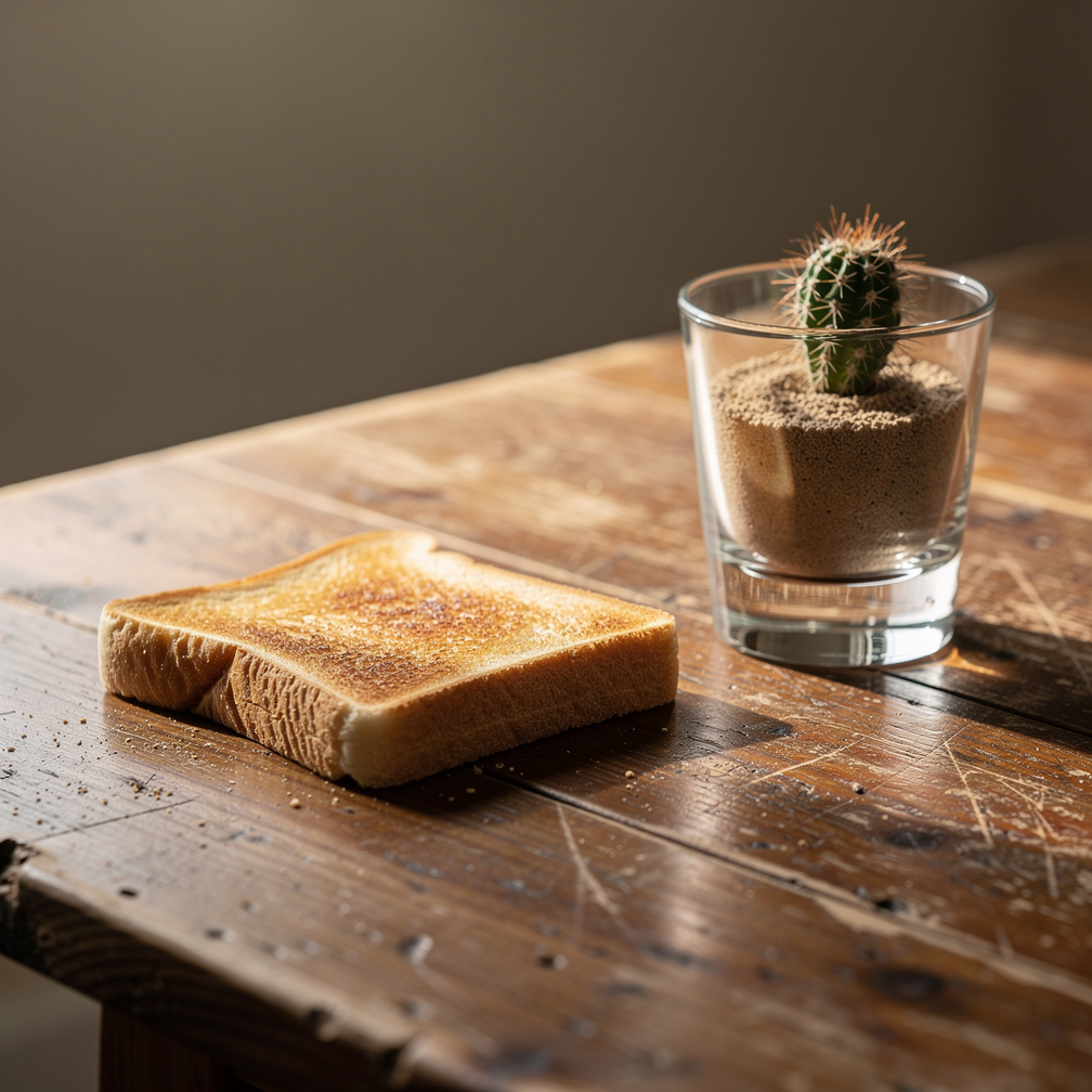 Imagine if: Show me a toast on a table and put a mini small glass next to the toast put some mini small cactus in the mini sm
