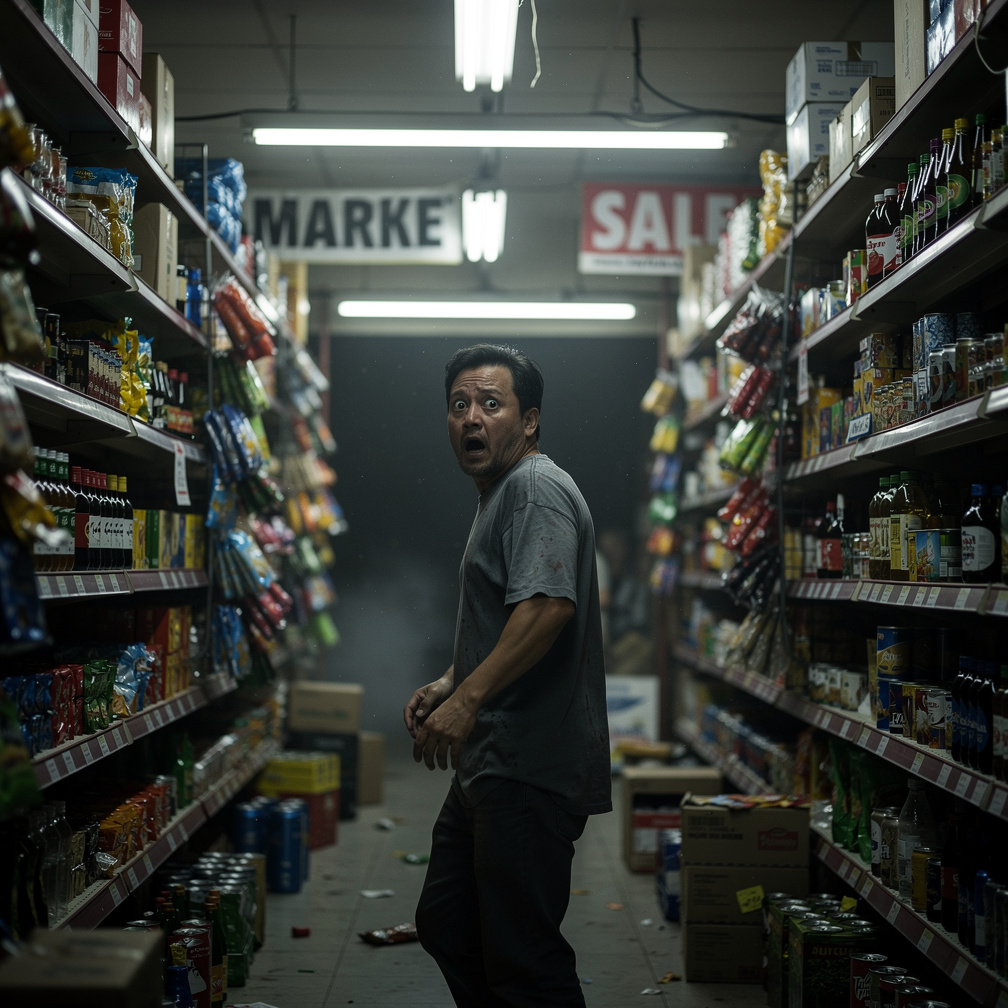 Dışarıya çıkmıyorsun. Marketin derinliklerine doğru dönüyorsun ama ışıklar yanıp sönmeye başlıyor ve marketin arkasından çok