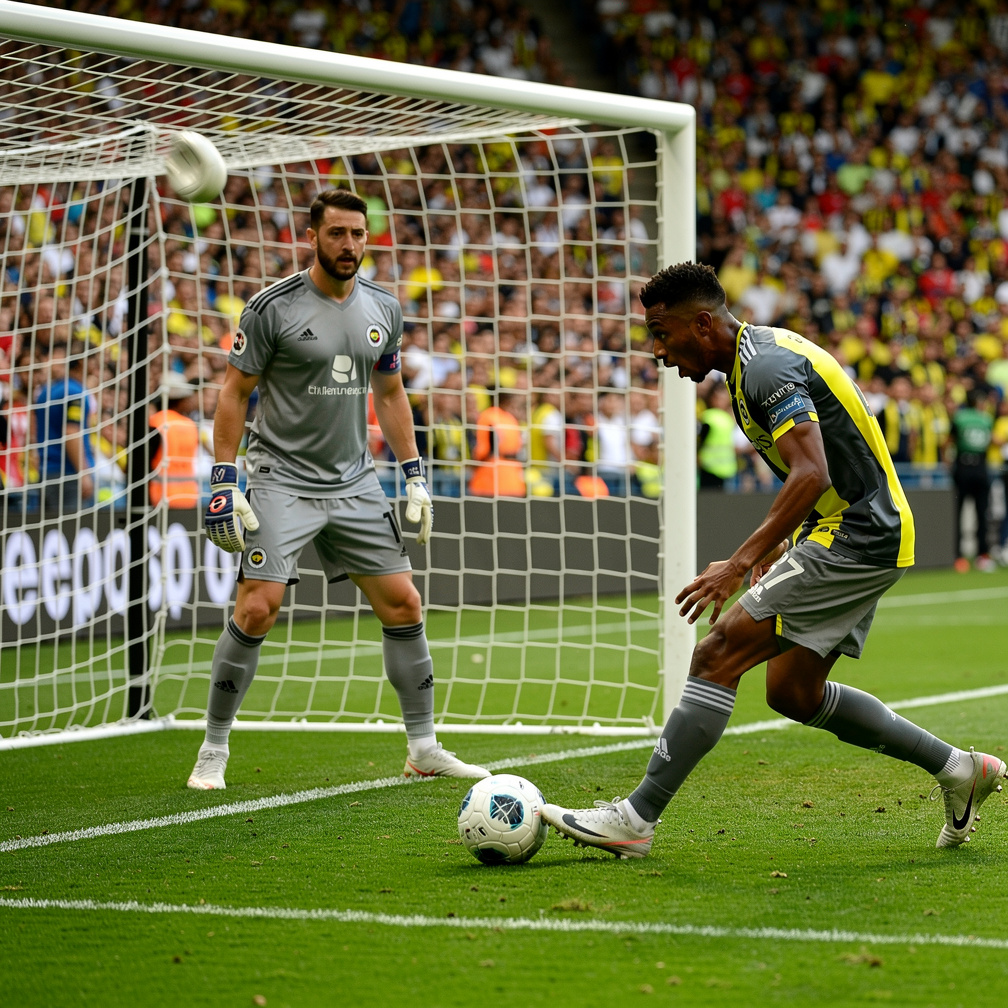 Vuruşunu yapıyor ama top direğin hemen iç tarafına çarpıyor ve Siddiki Cheriff'in önüne düşüyor.