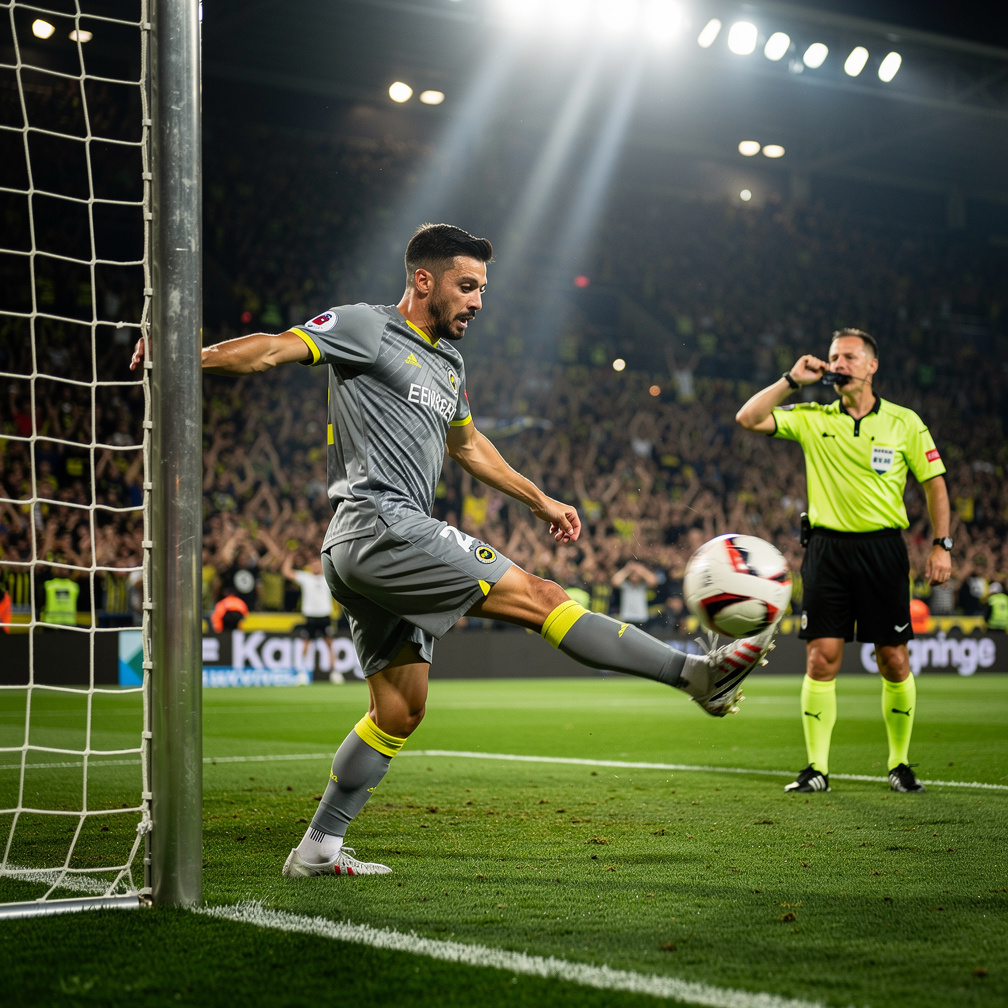 O da vuruşunu yapıyor ve top direğe çarpıp auta çıkıyor ve hakem maçı bitiriyor.