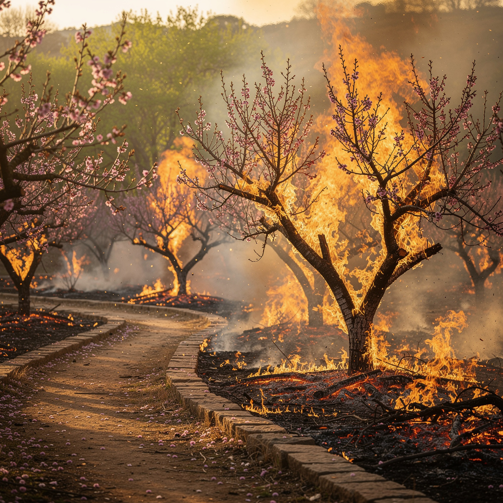 Savaş başlıyor.
Hatta ağaçlar bile yanıyor.
Ve sessizlik... yok olmaya mahkum.