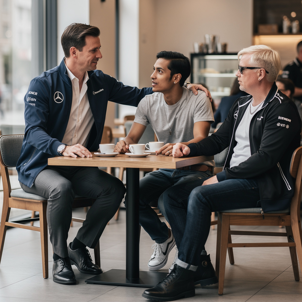 Hikayede ben masada birşeyler anlatırken Toto Wolff'un eli omzumda ve konuya odaklı bir görüntü oluştur.