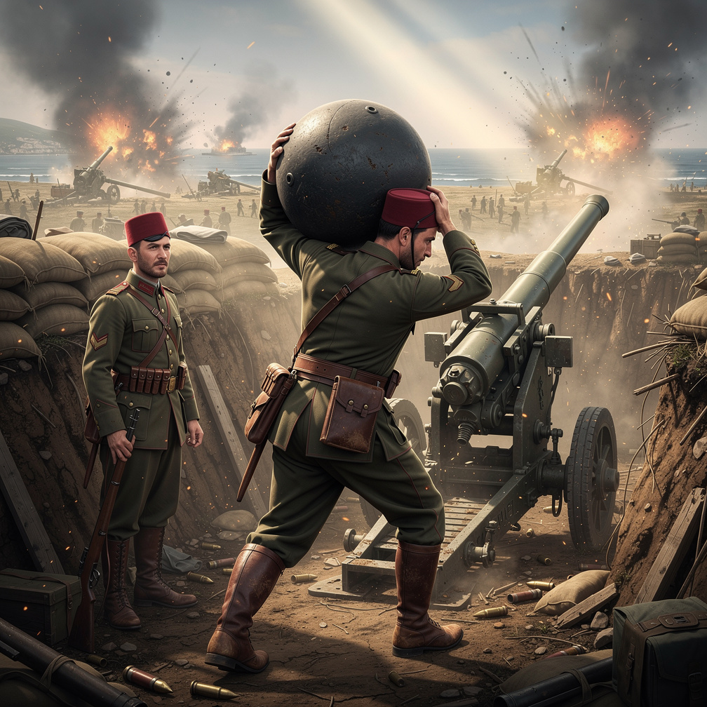 Sonra Seyit onbaşıyı görüyorsun. Vinçlerle kaldırdığınız top mermilerini sanki hiç bir şey yokmuş gibi kaldırıyor, sırtına ko