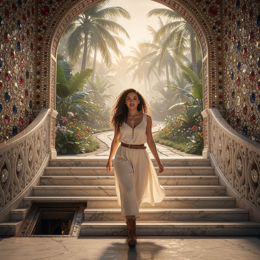 tu descends le grand escalier, avec des murs entièrement recouverts de rubis, de saphirs et de diamants. tes yeux sont ébloui