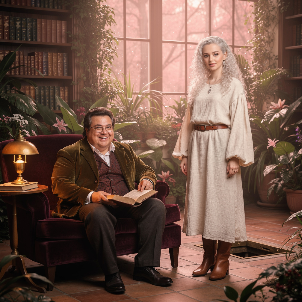 Au fond d’une salle, un homme d’un autre temps, érudit, assis sur un sofa, est entouré de livres de toutes les langues. Éclai