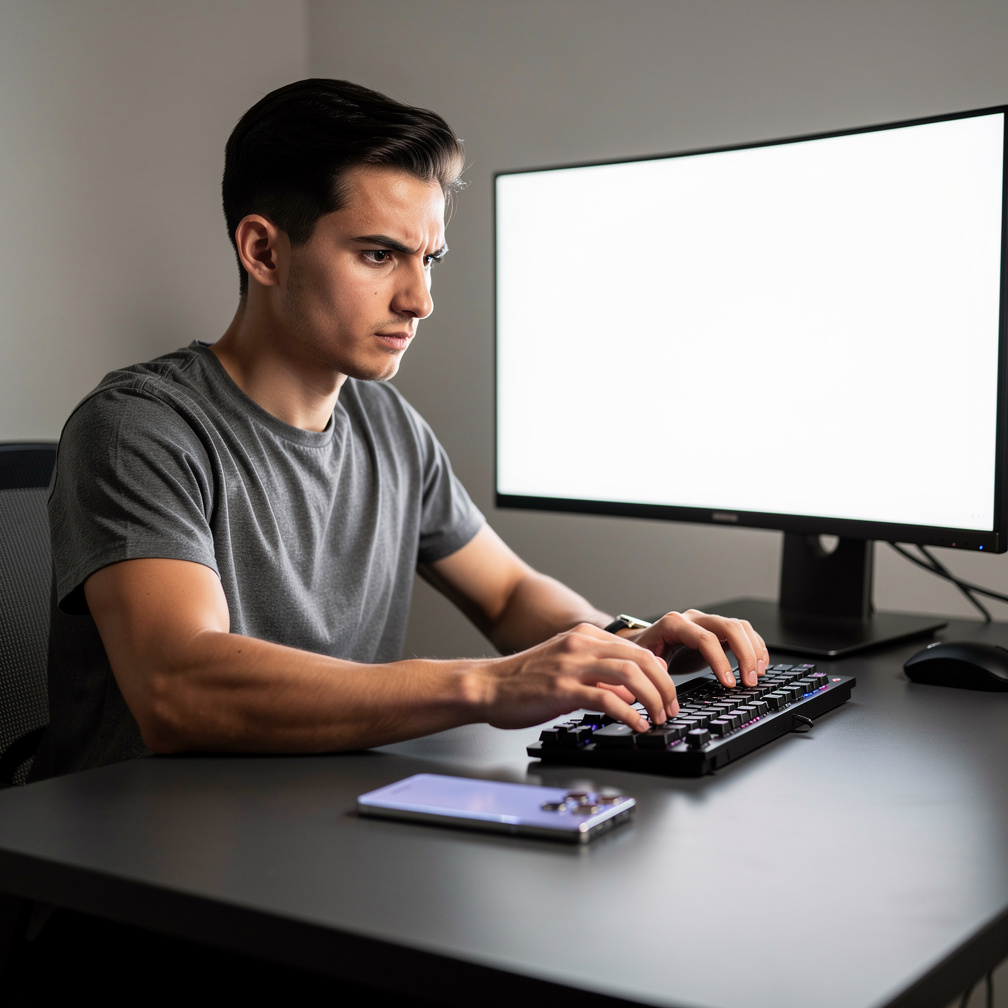 Imagine if: Cinematic shot of a young man placing his Samsung Galaxy S25 Ultra on a desk, then immediately starting to type v