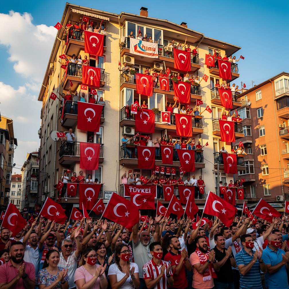 Hayal et: WorldCup yolunda Türkiye 🇹🇷

Apartmanların balkonlarına Türk bayrakları ile donatılmış, tüm balkonlar ev halkı ile 