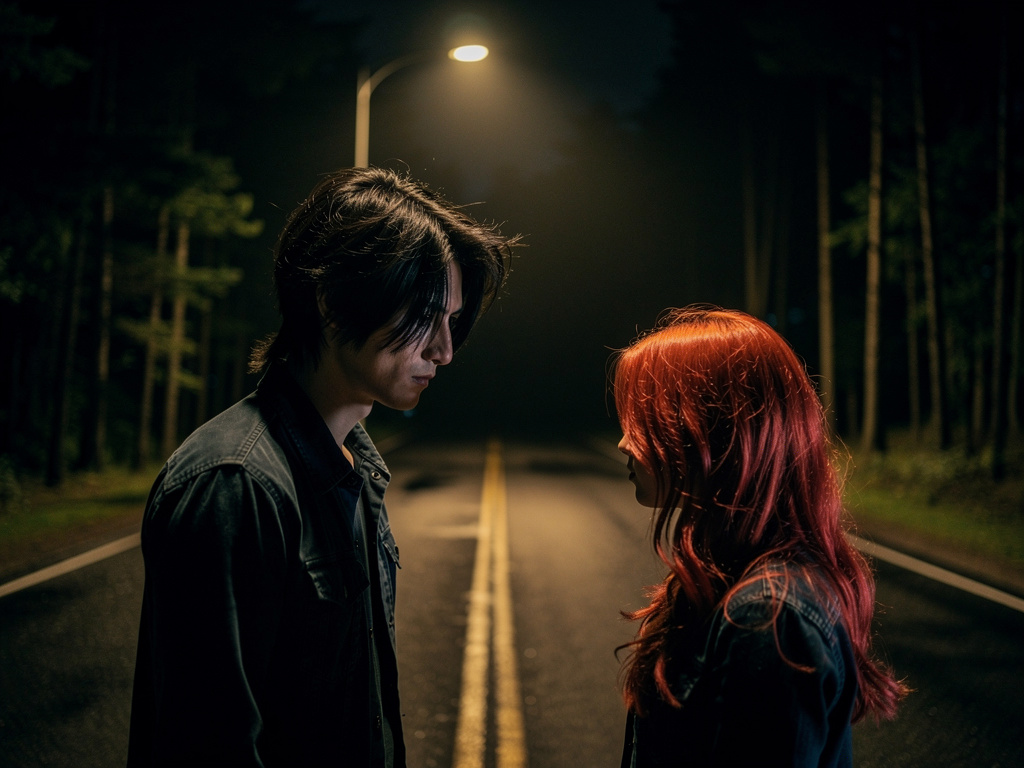 Kumral, uzun boylu,wolf cut saça sahip bir beyefendi gece lambasının etrafı aydınlattığı karanlık yolda kırmızı saçlı bir kız