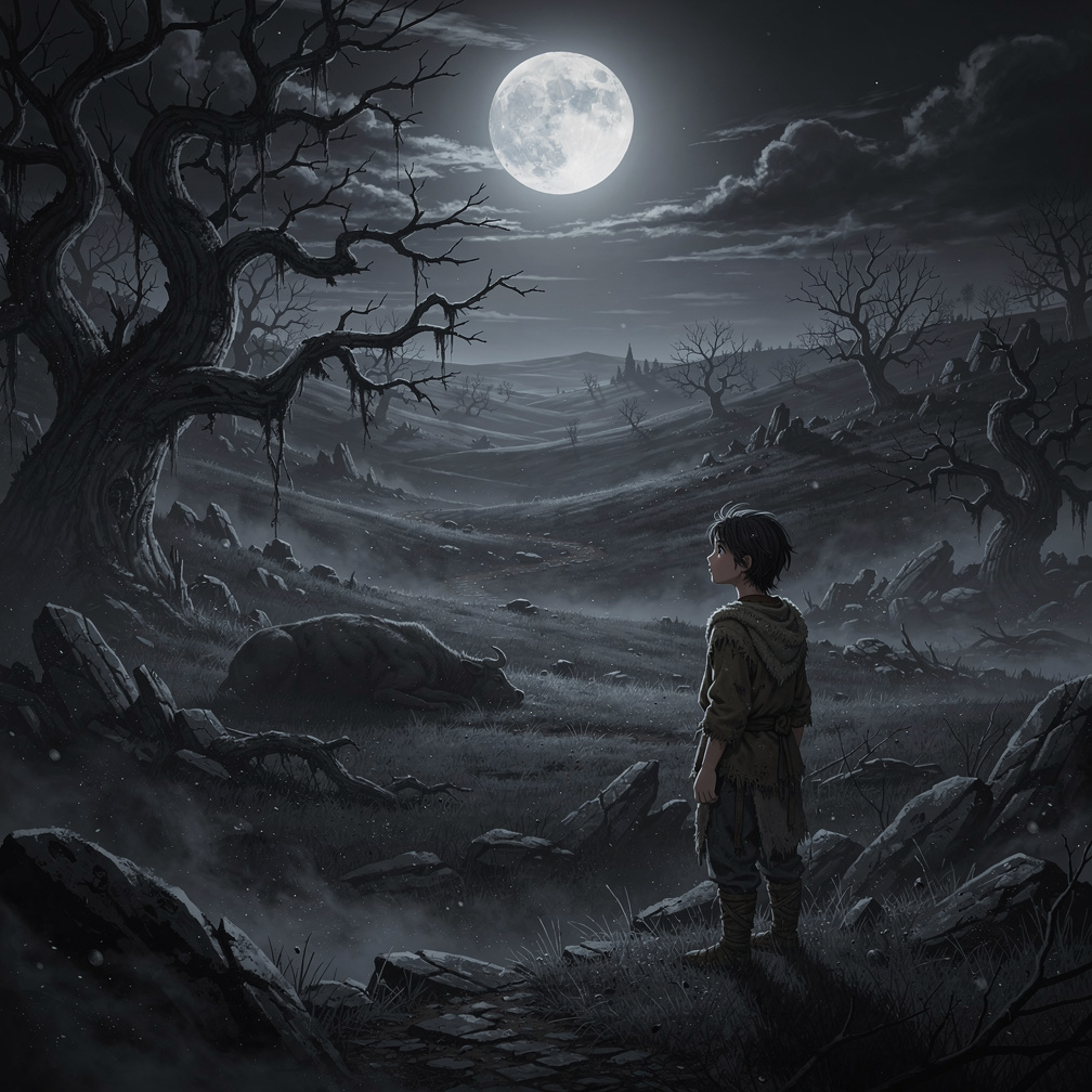 Ayışığı ilerlerdeki otlaklara vuruken uzakta bir ağaç altında yatmış bir hayvan gölgesi gördü.