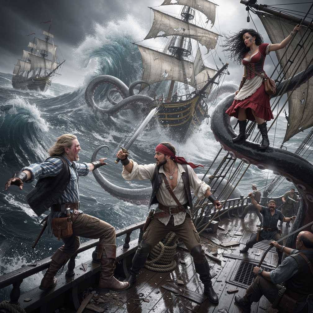 okyanusun derinliklerinde bir korsan gemisi aşağıda ve diğer gemi kaçmaya çalışıyor ama kraken bunu izin vermiyor. bazı korsa