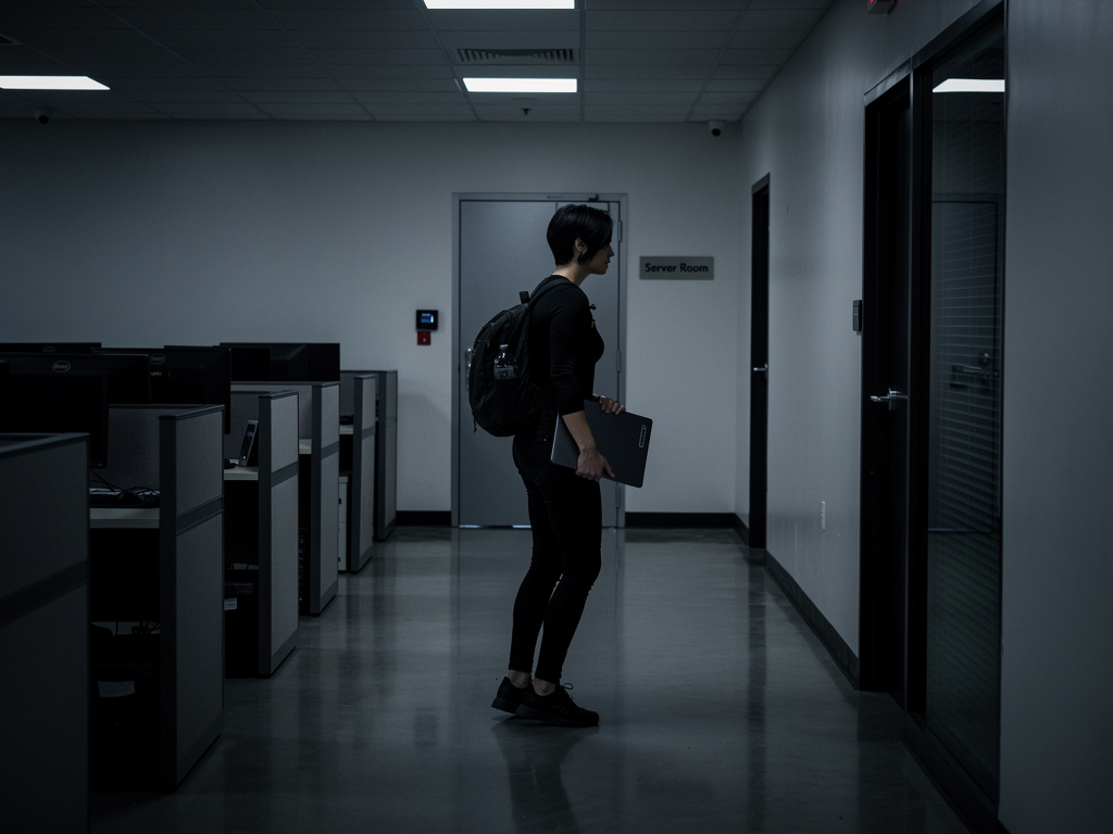 Imagine if: A female spy named Jenna sneaks at night in a building to hack the main server.