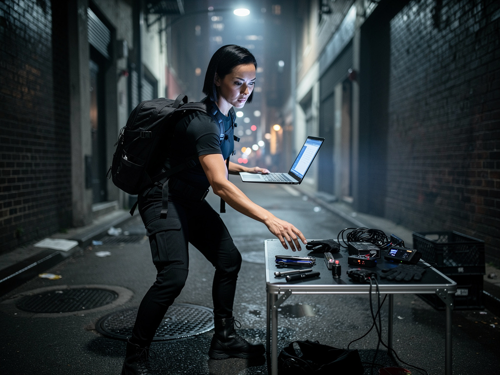 Jenna changes into her tactical gear in an alleyway.