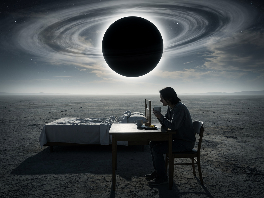 Kalkıp kahvaltıyı evin dışarısında yapmak istedin ve dışarıda hiç bir canlı yok ama sen bir masaya oturup kahvaltını yapıyors