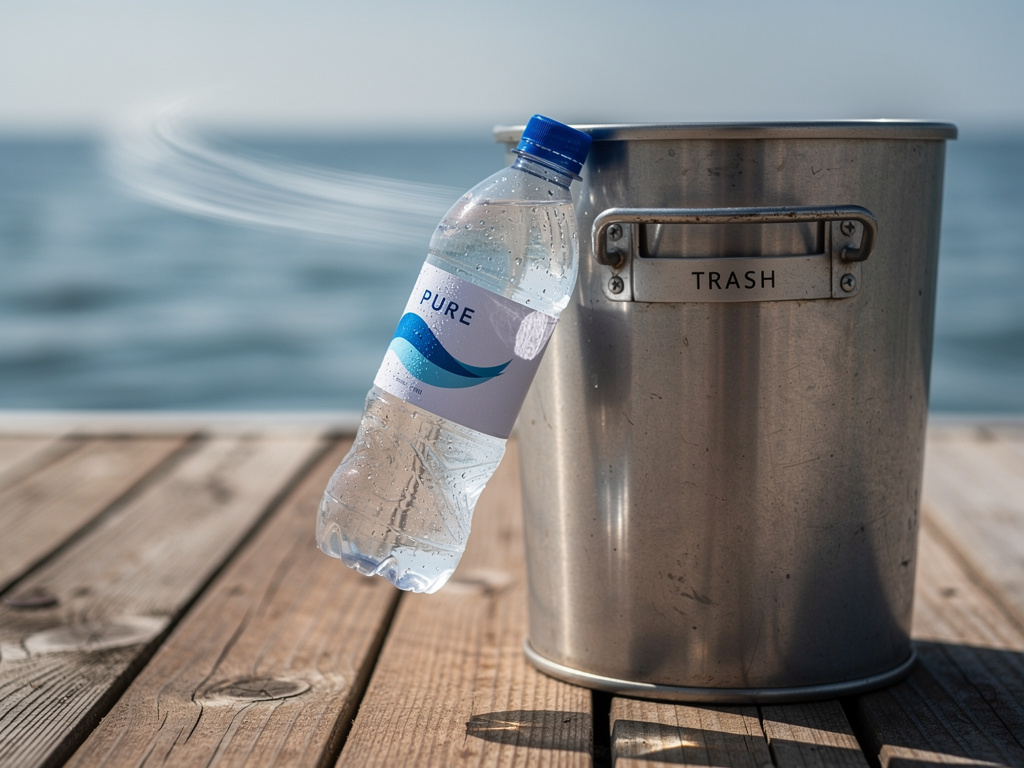 Denizden, bir basketbol topu gibi fırlar ve rıhtımdaki çöp kutusuna girer.