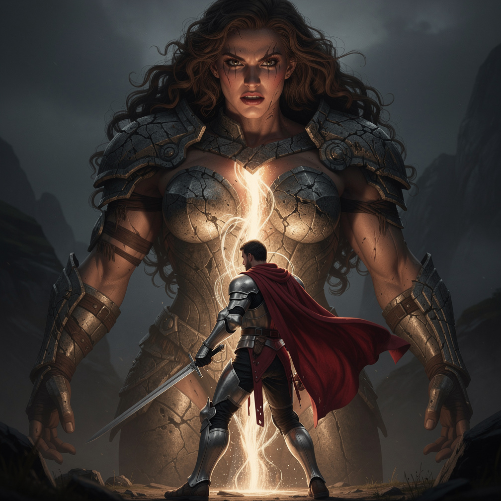 And then he cuts open her stomach with his sword, falling out of her body.