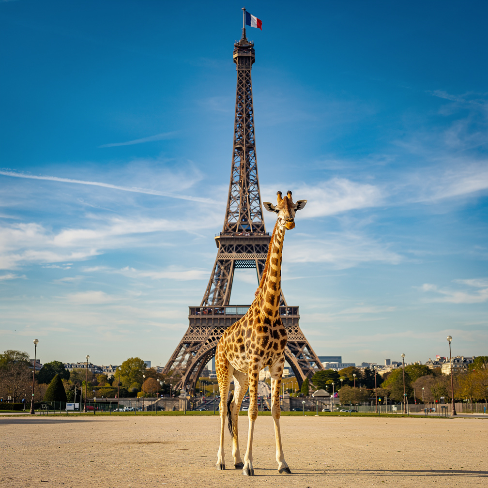 Imagine if: giraffe standing in front of the Eiffel.