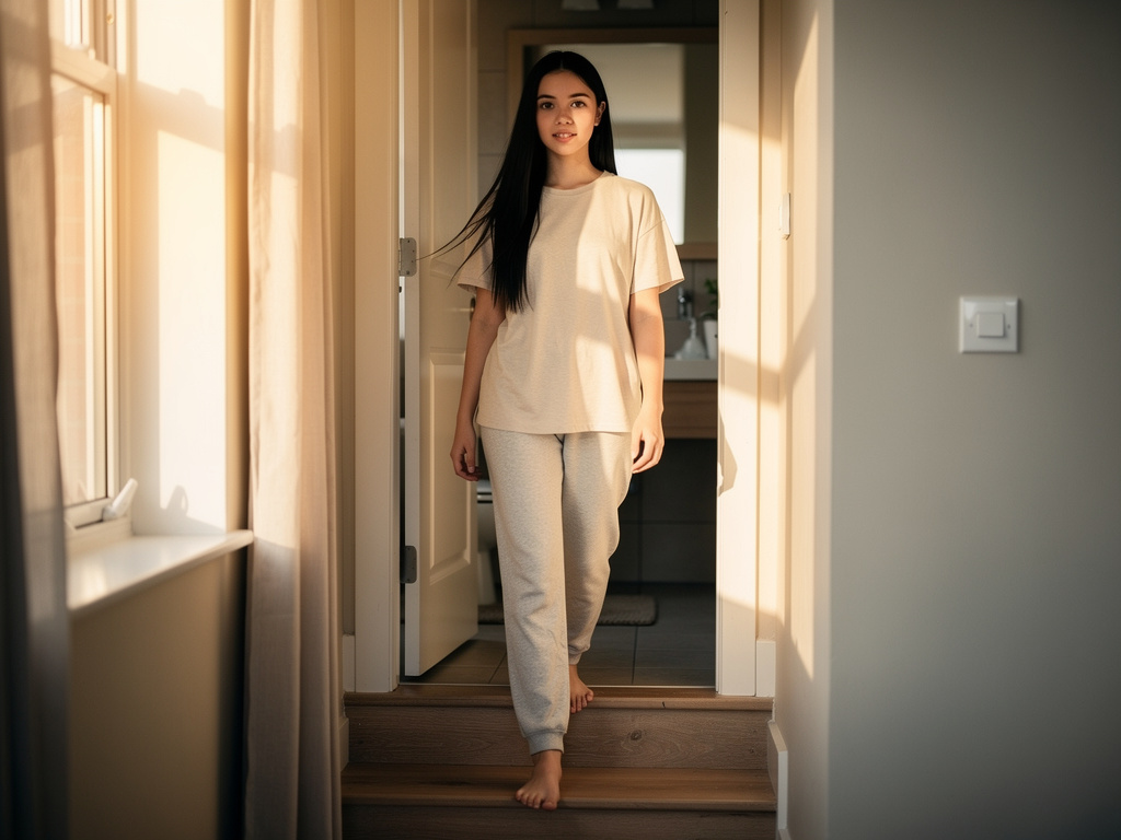 Darla'nın banyoya yürüdüğü arka görünüş, uzun düz siyah saç, büyük badem çamurlu gözler, zarif ve ince figür, rahat sabah kıy