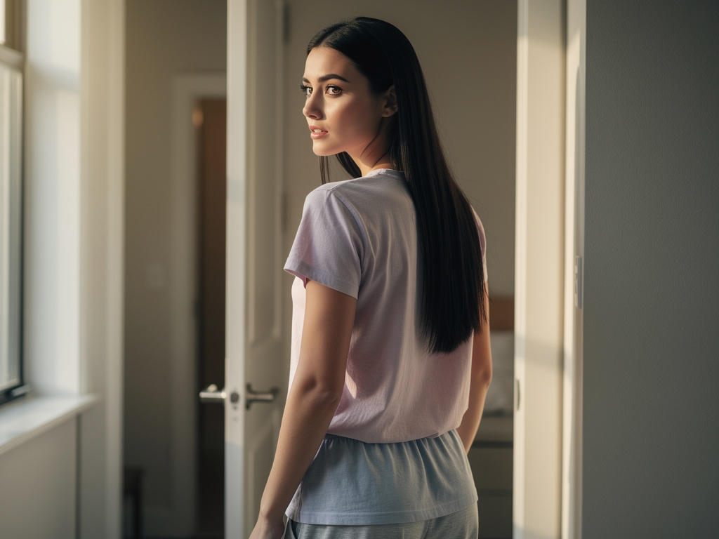 Darla, banyoya yürürken arkadan görünüş, uzun düz siyah saçlı, büyük elâ ve çekik gözlü, beyaz tenli, ince ve zarif vücut yap