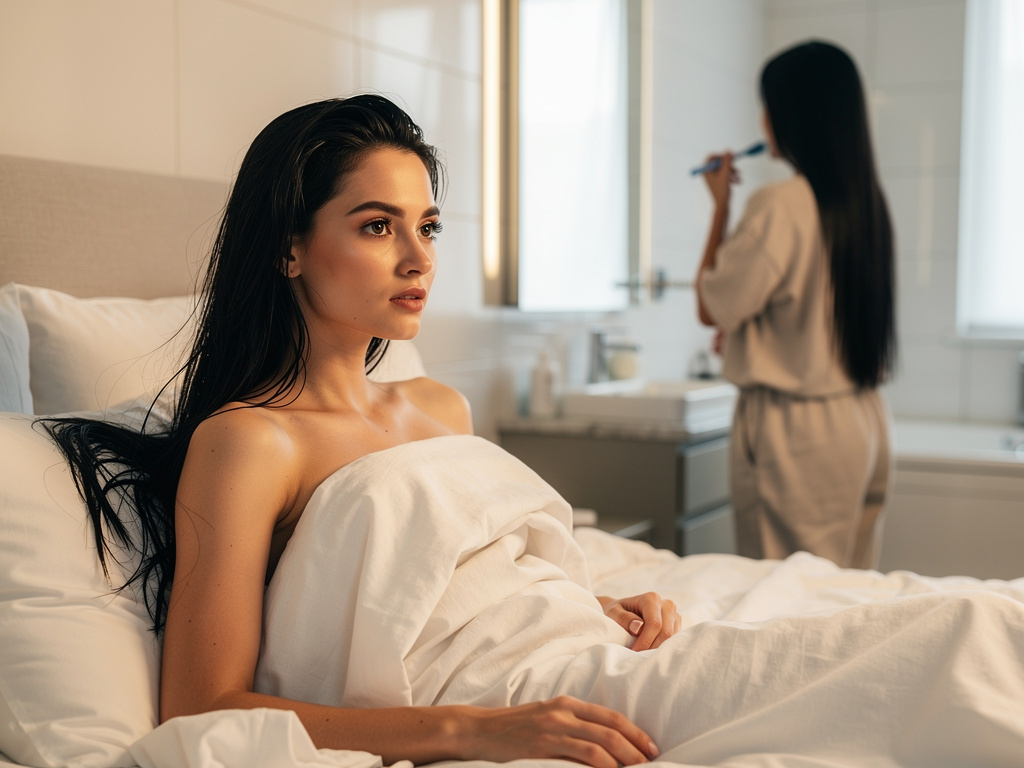 Darla, banyoda aynaya bakarak dişlerini fırçalıyor, uzun düz siyah saçlı, büyük elâ ve çekik gözlü, beyaz tenli, zarif yüzlü,