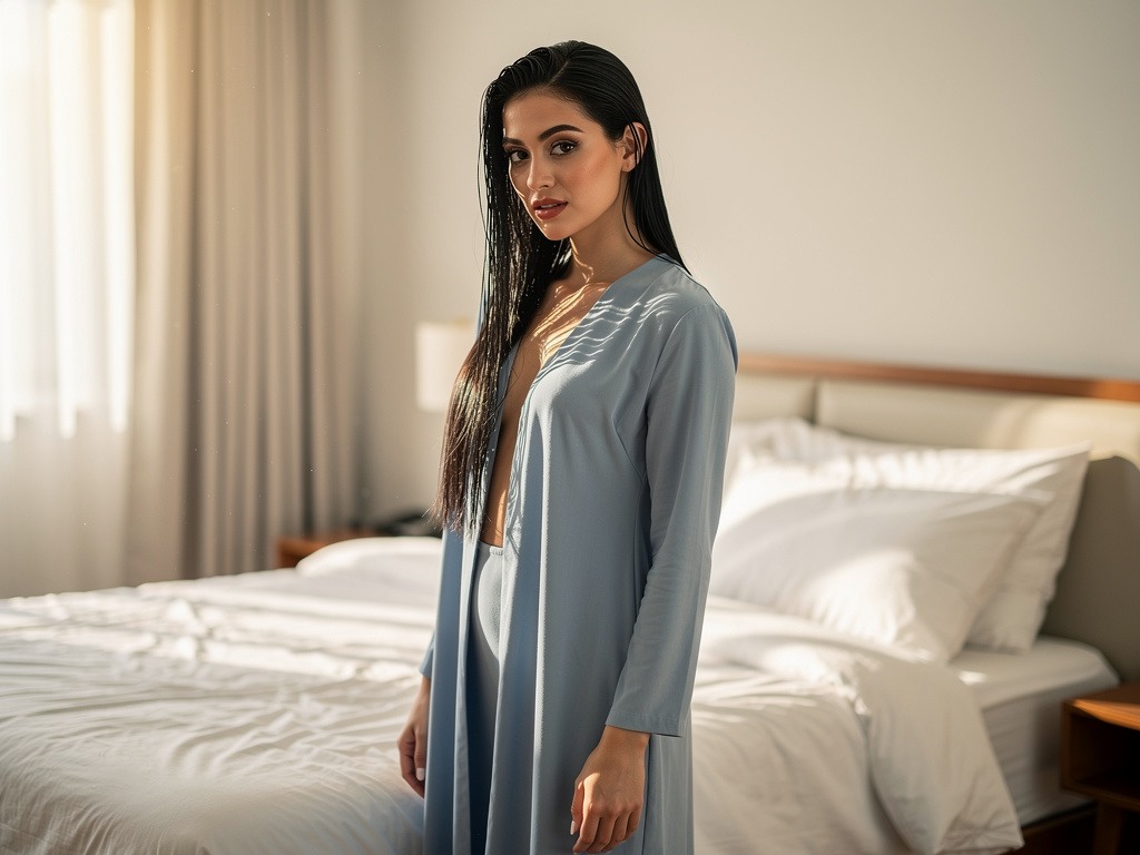 Darla, odasına dönüp açık mavi diz üstü elbisesini giyiyor, uzun düz siyah saçlı, büyük elâ ve çekik gözlü, beyaz tenli, ince