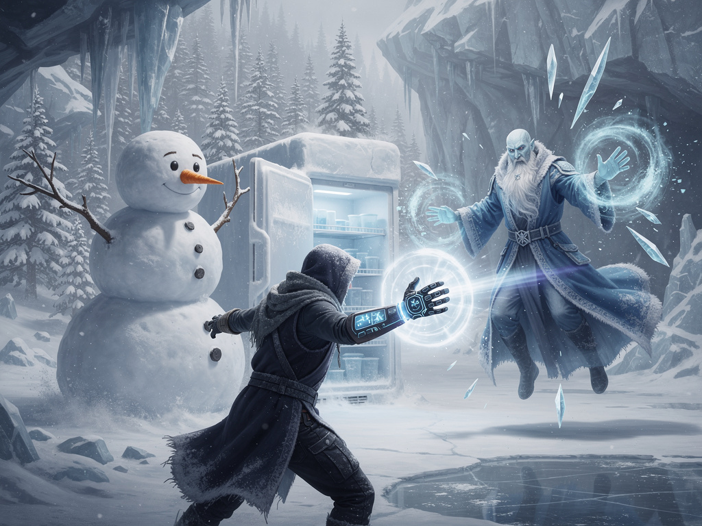 Yeni bir yer Buz adası yerler kardan bir buzdolabı adam kardan adam ve buzul büyücü ile savaşıyorsun.