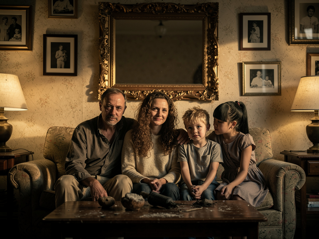 Hayal et: Hüzünlü bir aile resmi.