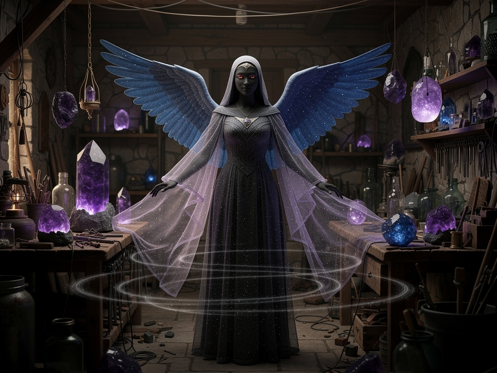 Hayal et: Gece, ametist ve yıldız taşının frekansıyla atölyede bir mucize gerçekleşir. Karakalem Umay Ana figürü; çivit mavis