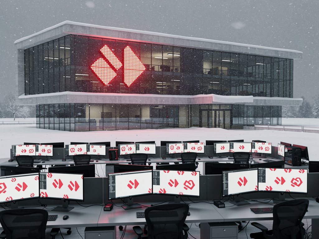 DIŞARDA KAR YAĞIŞLI BİR HAVA VE KARŞI DA BİR İŞ YERİ KIRMIZI LED YANAN BİR YAZI ŞÖYLE BİR YAZI DOĞU PRODUCTİON VİP YAZILSIN V